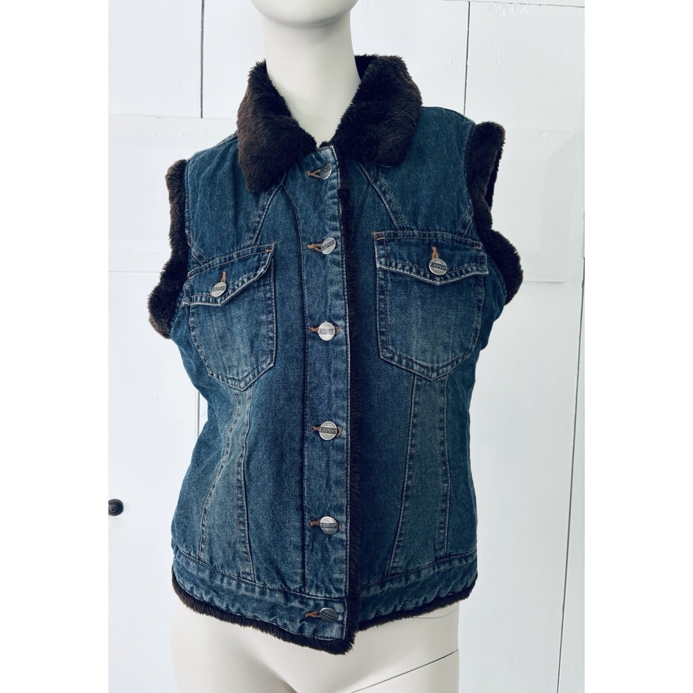 Vintage Lapis Y2K Denim Jean Faux Fur Trimmed Collared Vest Womens Size Small